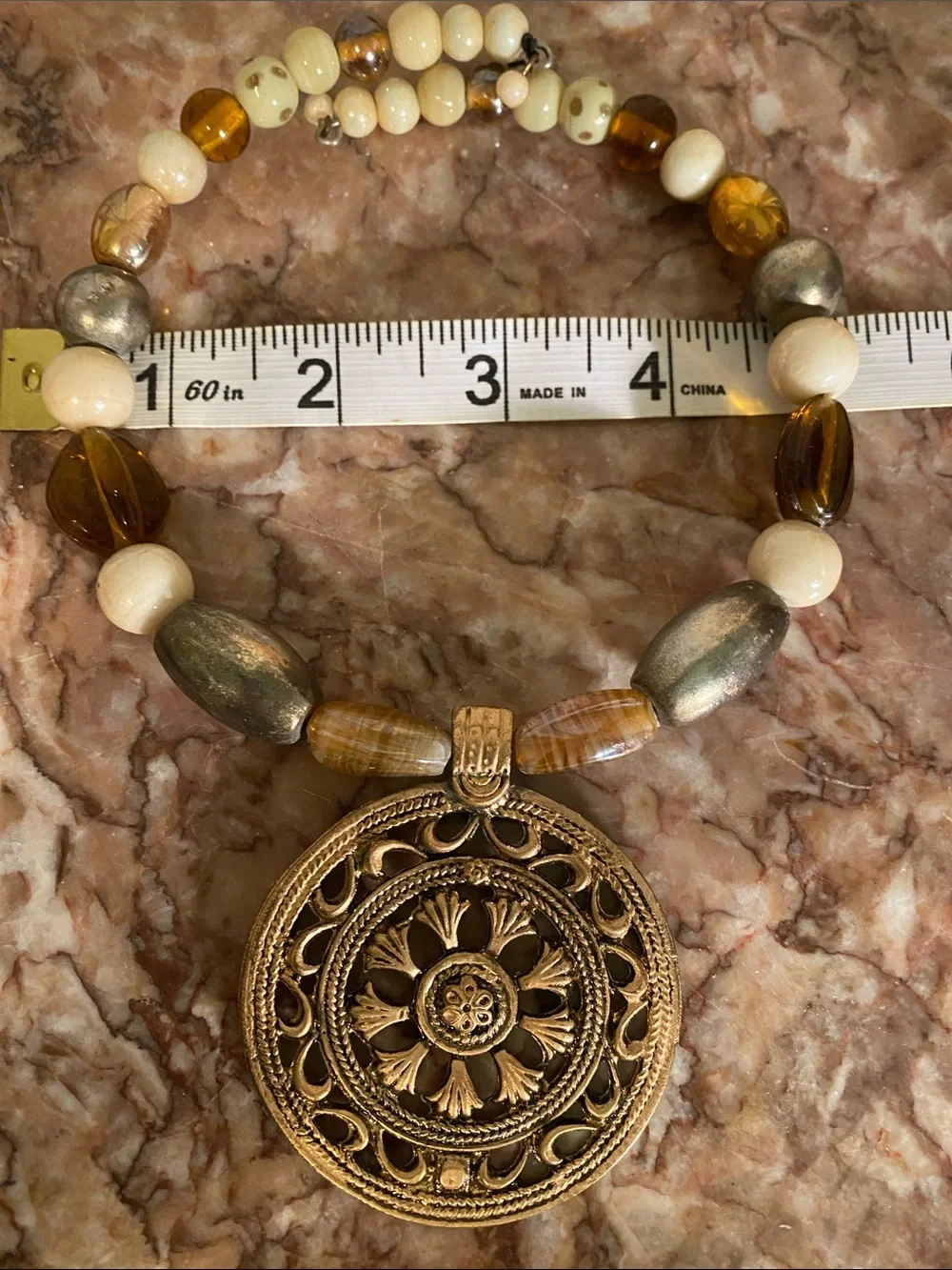 Boho Statement Necklace Mixed Beads Large Gold Tone Medallion Pendant